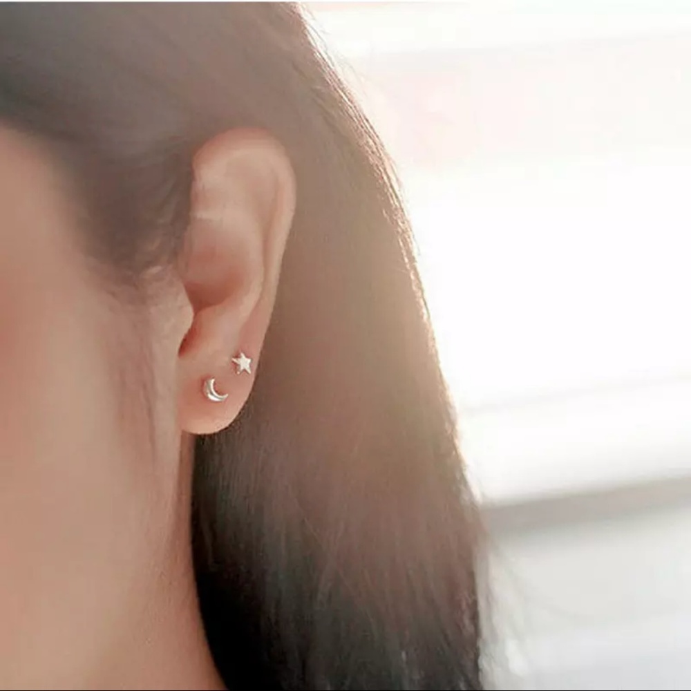 Sterling Silver 925 Stud Star Moon Stud Earrings - Picture 2 of 4